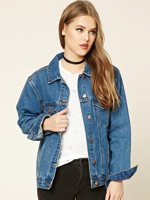 

FOREVER 21 Women Blue Printed Denim Jacket