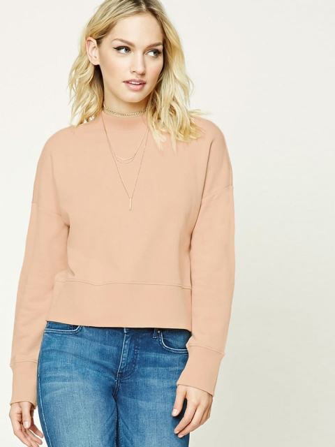 

FOREVER 21 Women Beige Solid Back Zip Sweatshirt
