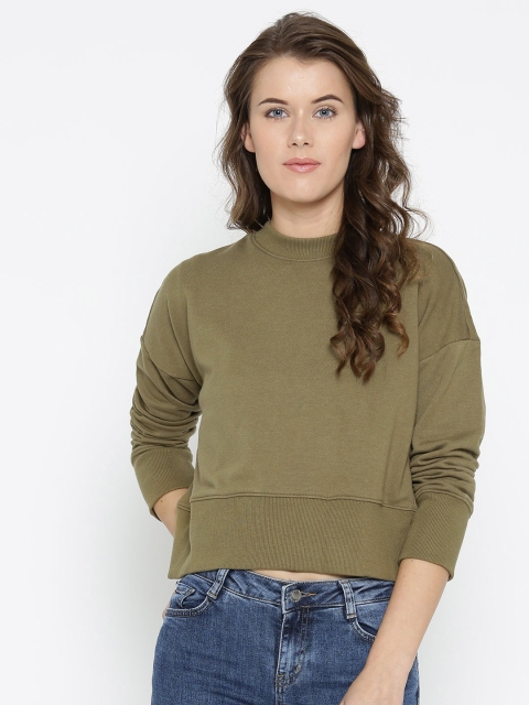 

FOREVER 21 Women Olive Green Solid Sweatshirt