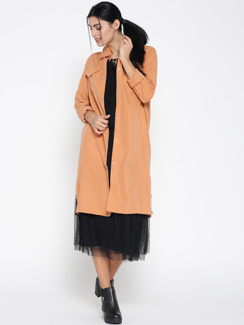 

FOREVER 21 Women Orange Solid Longline Denim Jacket