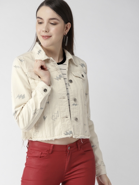 

FOREVER 21 Women Off-White & Grey Printed Denim Jacket
