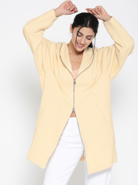 

FOREVER 21 Women Cream-Coloured Solid Longline Hooded Sweatshirt