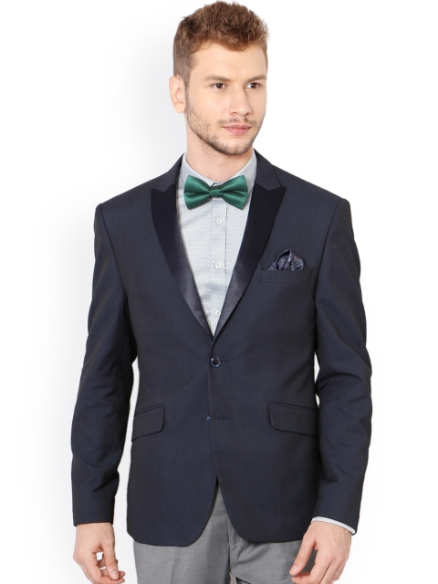 

V Dot Navy Solid Single-Breasted Slim Fit Formal Blazer, Navy blue