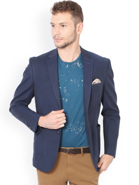 

V Dot Navy Self Design Single-Breasted Slim Fit Casual Blazer, Navy blue