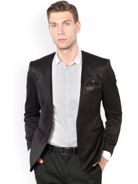 

V Dot Black Solid Single-Breasted Slim Fit Formal Blazer