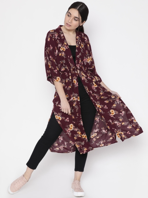 

FOREVER 21 Burgundy Printed Tie-Up Longline Shrug