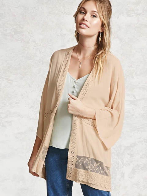 

FOREVER 21 Cream-Coloured Self Design Open Front Shrug