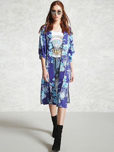 

FOREVER 21 Blue Floral Print Longline Shrug