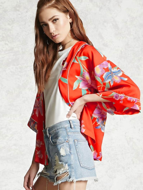

FOREVER 21 Orange & Lavender Floral Print Open Front Shrug