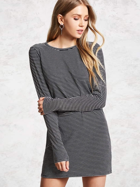 

FOREVER 21 Women Black & White Striped Shift Dress
