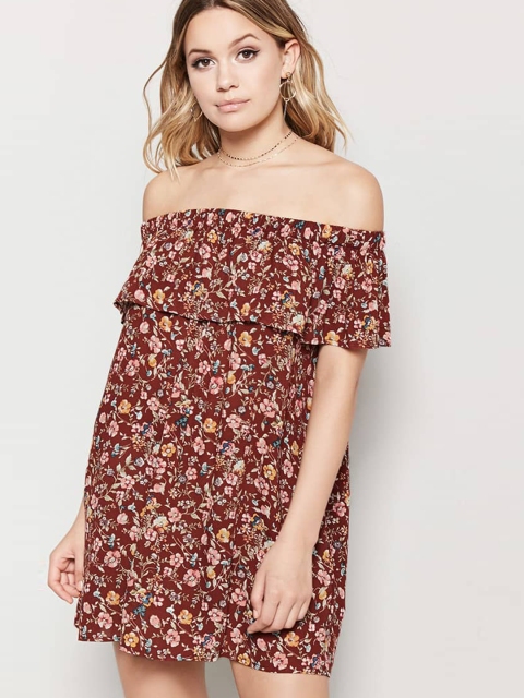 

FOREVER 21 Women Rust Brown Printed A-Line Dress