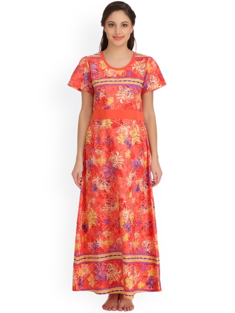 

Clovia Women Orange Floral Print Maxi Nightdress NS0845P16