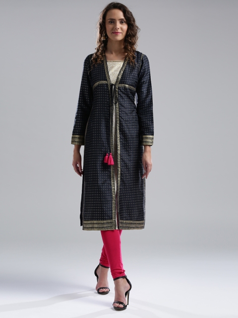 

W Women Navy Blue & White Printed Layered Kurta