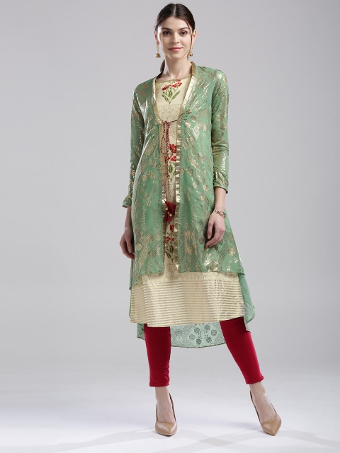 

W Women Cream-Coloured Printed A-Line Kurta with Longline Ethnic Jacket