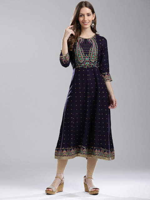 

W Women Aubergine Printed A-Line Kurta, Purple