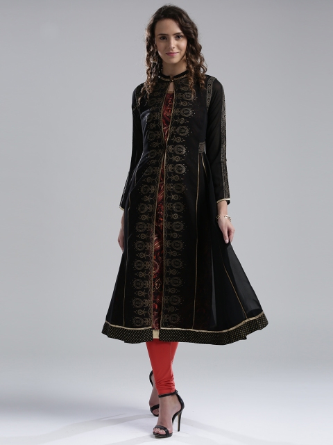 

W Women Black & Rust Orange Printed Layered Straight Kurta