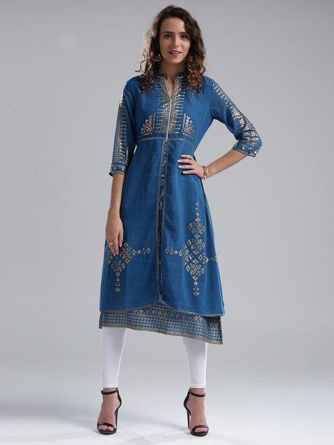 

W Women Blue Printed A-Line Kurta