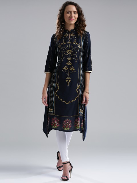 

W Women Navy Printed Asymmetric A-Line Sustainable Kurta, Navy blue