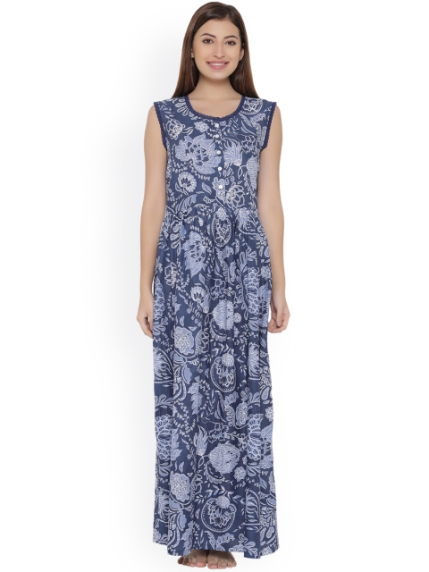 

Clovia Women Blue Floral Print Maxi Nightdress NS0940P08