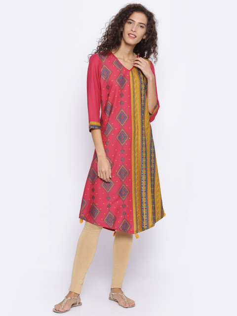 

Melange by Lifestyle Women Pink & Mustard Yellow Printed A-Line Kurta