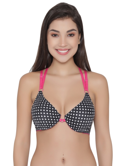 

Clovia Underwired Polka Print Front Open Push-Up T-Shirt Bra, Black