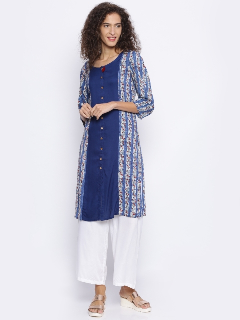 

Melange by Lifestyle Women Navy & Off-White Printed Straight Kurta, Navy blue