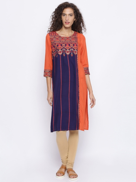 

Melange by Lifestyle Women Navy Blue & Orange Printed A-Line Kurta