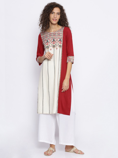 

Melange by Lifestyle Women Off-White & Red Printed Straight Kurta