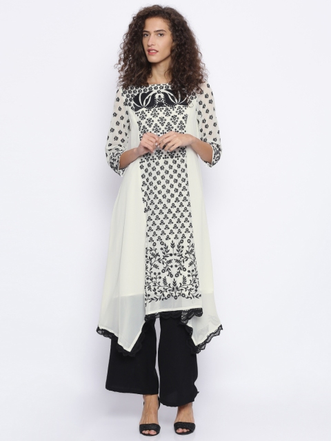 

Melange by Lifestyle Women Off-White & Black Woven Design A-Line Layered Kurta