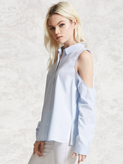

FOREVER 21 Women Blue & White Regular Fit Striped Cold-Shoulder Casual Shirt