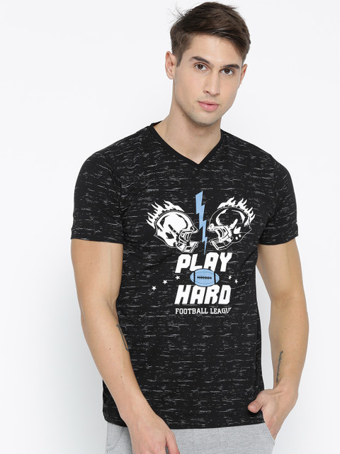 

rock.it Men Black Printed V-Neck T-shirt