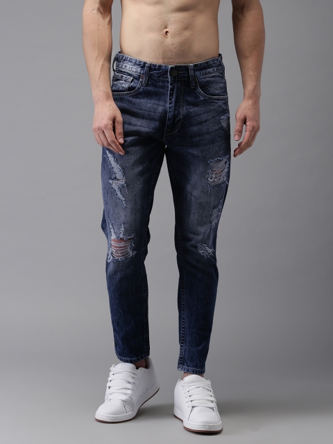 

HERE&NOW Men Blue Tapered Fit Cropped Mid-Rise Highly Distressed Jeans