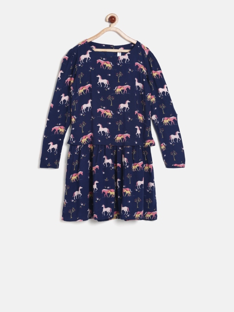 

U.S. Polo Assn. Kids Girls Navy Blue Printed Drop-Waist Dress