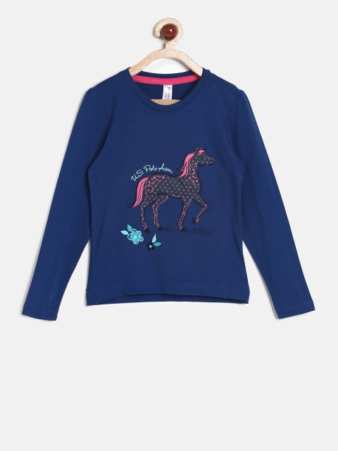 

U.S. Polo Assn. Kids Girls Blue Printed Round Neck T-shirt
