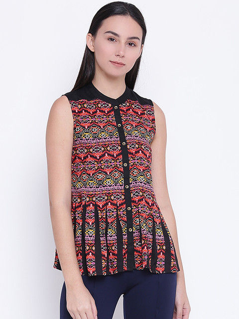 

AKKRITI BY PANTALOONS Women Black Printed Shirt Style Top
