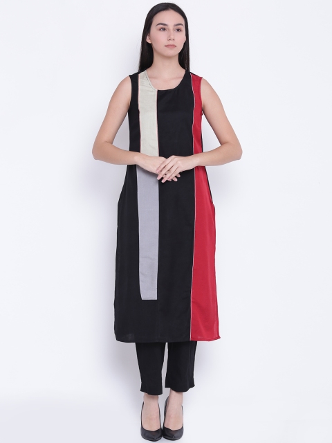 

RANGMANCH BY PANTALOONS Women Black & Red Colourblocked Straight Kurta