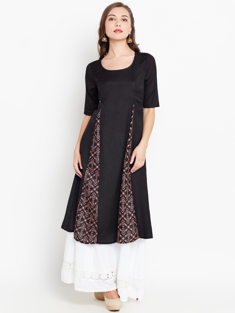 

RANGMANCH BY PANTALOONS Women Black & Peach-Coloured Printed A-Line Kurta