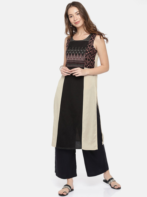 

RANGMANCH BY PANTALOONS Women Beige & Black Printed Straight Kurta