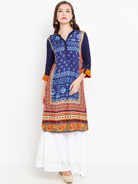 

AKKRITI BY PANTALOONS Women Navy & Orange Printed Straight Kurta, Navy blue