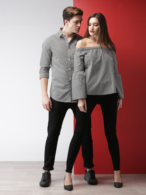 

Mast & Harbour Women Black & White Checked Bardot Top