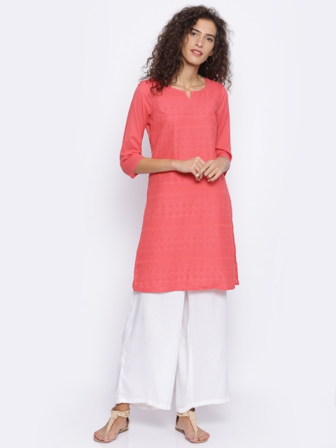 

Melange by Lifestyle Women Coral Pink Woven Design Straight Kurta