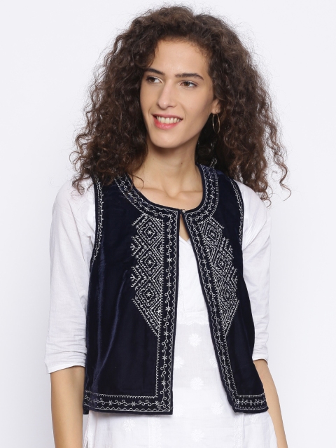 

Melange by Lifestyle Navy Blue Self Design Embroidered Shrug