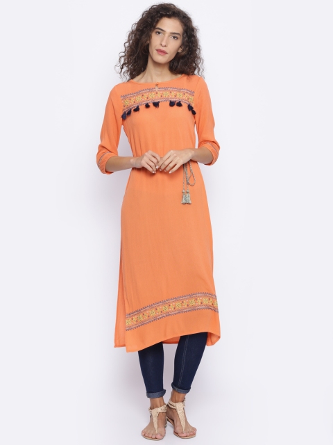 

Colour Me by Melange Women Orange Embroidered Straight Kurta