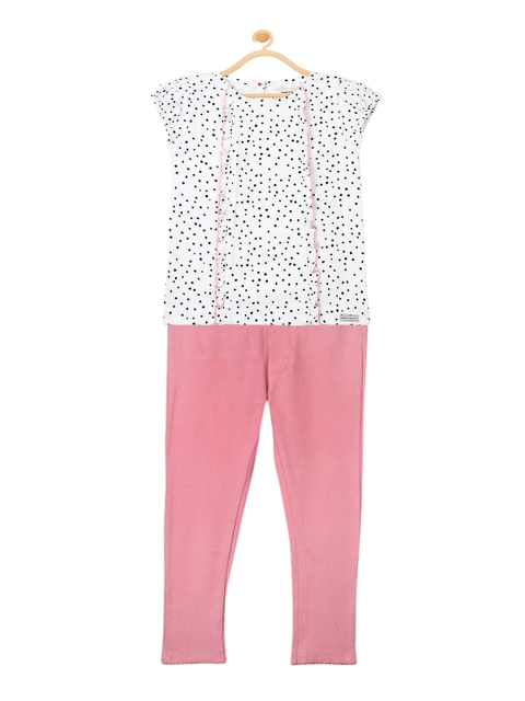

Cherry Crumble Girls White & Pink Printed Night Suit