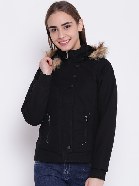 

Duke Women Black Solid Parka Jacket with Detachable Hood