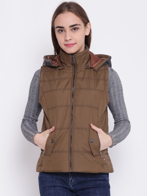 

Duke Women Olive Brown & Grey Solid Quilted Jacket with Detachable Hood