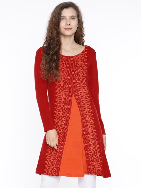 

Global Desi Red & Orange Printed Knitted A-Line Kurta
