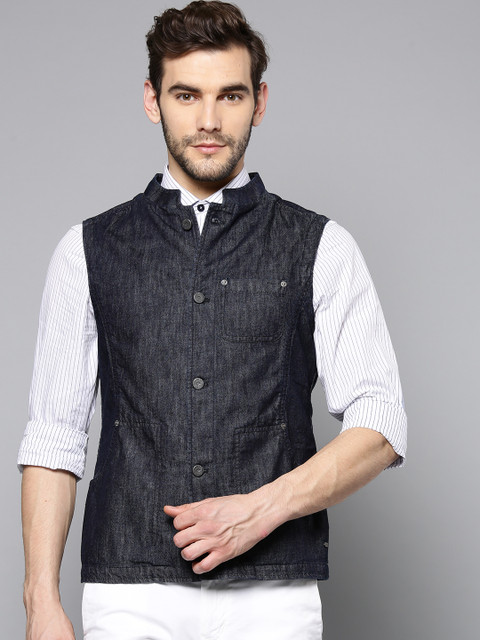 

Blackberrys Men Navy Blue Solid Denim Slim Fit Pure Cotton Nehru Jacket