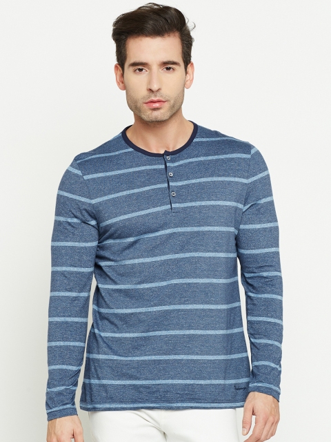 

Blackberrys Men Blue Striped Henley Neck T-shirt