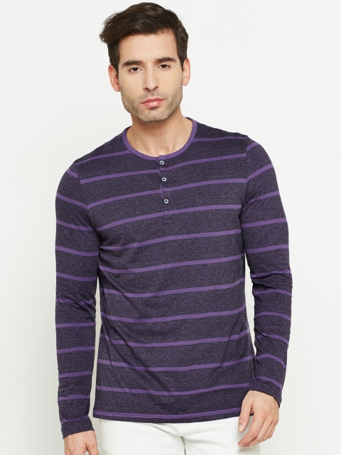 

Blackberrys Men Purple Black Striped Henley Neck Pure Cotton T-shirt
